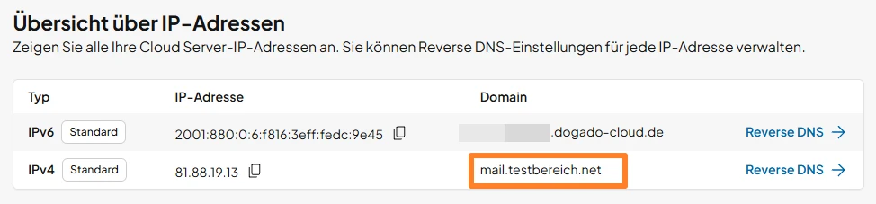 IP-Übersicht: IPv6 2001:880:0:6f81:3eff:fedc:9e45 – dogado-cloud.de; IPv4 81.88.19.13 – mail.testbe...net; Reverse DNS