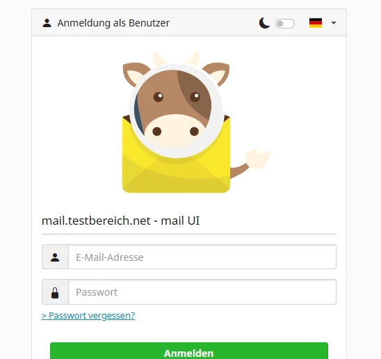 Login-Oberfläche mit gelbem Umschlag und Kuhkopf oben; Felder E-Mail, Passwort, grüner Anmelden-Button.