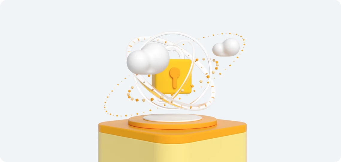 Auf orange-gelbem Sockel steht ein gelbes Schloss-Symbol, umgeben von weißen Wolkenformen, goldenen Punkten und Ringen.