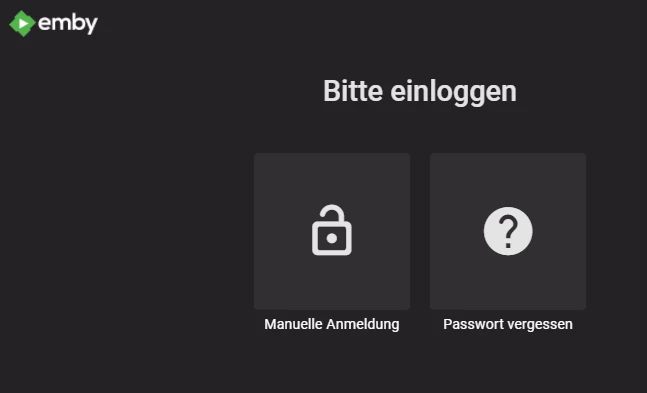 Dunkler Bildschirm mit Emby-Logo oben links, Bitte einloggen und zwei große Buttons: Manuelle Anmeldung, Passwort vergessen