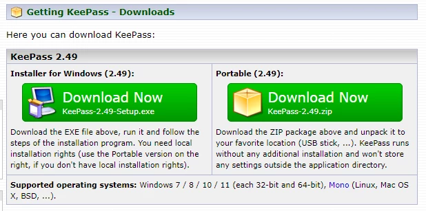 Screenshot einer KeePass-Download-Seite mit zwei grünen Download-Buttons: Windows-Installer und Portable.