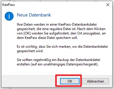 KeePass-Dialogfenster mit blauem Info-Symbol, Titel Neue Datenbank, mehrzeiliger Text und zwei Schaltflächen OK und Abbrechen.