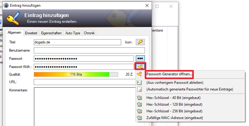 Dialog zum Hinzufügen eines Eintrags; Felder Titel (dogado.de), Benutzername, Passwort; Passwort-Wiederholung; Menü 'Password-Generator öffnen'.