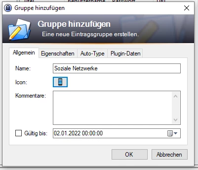 Dialogfeld 'Gruppe hinzufügen' mit Name: Soziale Netzwerke, Kommentarfeld und Datum 'Gültig bis: 02.01.2022 00:00:00'.