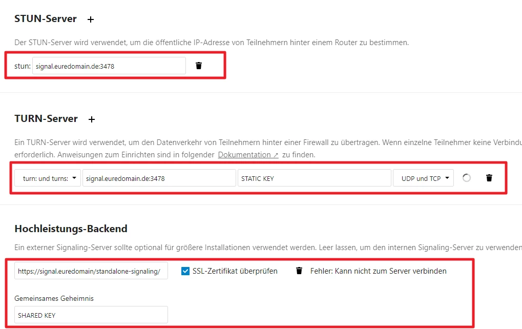 Benutzeroberfläche mit STUN-Server, TURN-Server und Hochleistungs-Backend; Felder zeigen Adressen/URLs.