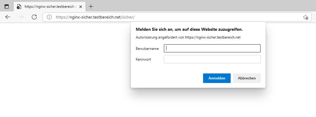 Screenshot eines Browserfensters mit einem grauen Anmelde-Dialog: Felder Benutzername, Kennwort; Buttons: Anmelden, Abbrechen.