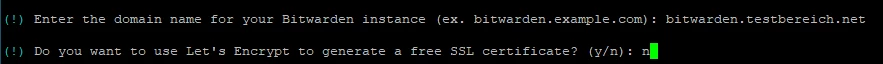 Kommandozeilen-Dialog: Domainabfrage für Bitwarden-Instanz und SSL-Zertifikatsabfrage; Cursor blinkt.