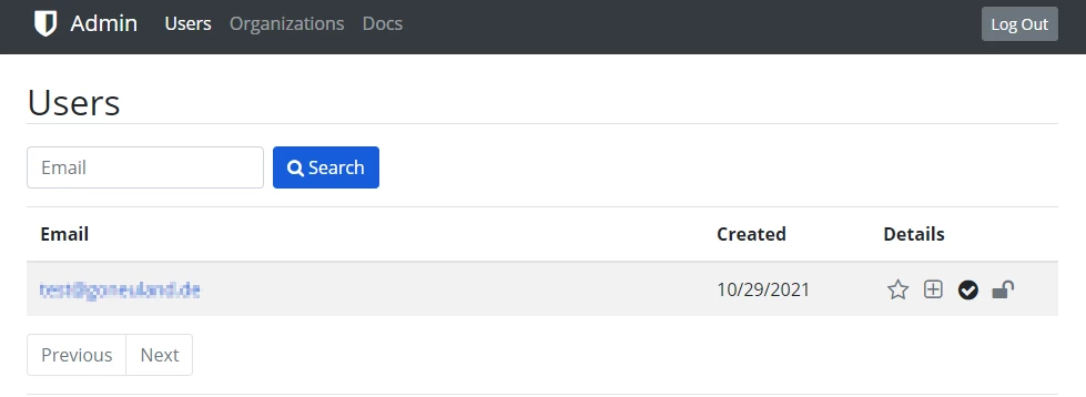 Admin-Panel: Users mit Suchfeld; Tabelle: Email, Created, Details; Zeile test@gonealand.de, 10/29/2021; Details-Symbole.