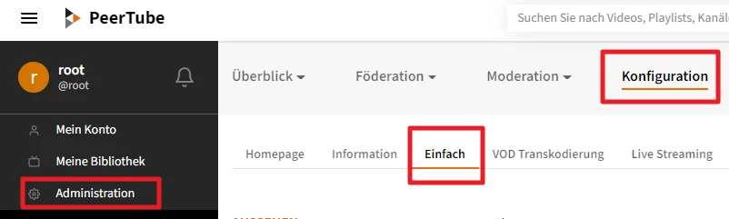 Linke dunkle Seitenleiste mit 'Administration' hervorgehoben; obere Leiste zeigt 'Konfiguration'; aktiver Reiter 'Einfach'.