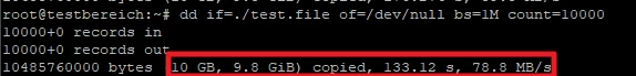 Terminalfenster zeigt dd-Befehl und Kopierstatistik: 10 GB, 9.8 GiB kopiert, 133.12 s, 78 MB/s.