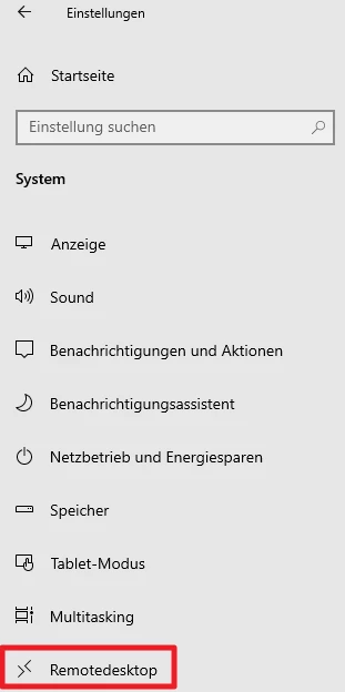 Windows-Einstellungen Systemseite mit Anzeigen, Sound, Benachrichtigungen und Remotedesktop (roter Rahmen).