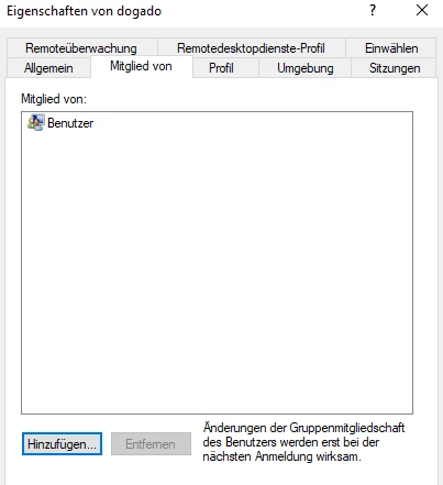 Dialogfenster 'Eigenschaften von dogado' mit Tabs; 'Mitglied von:' zeigt 'Benutzer' mit Icon; 'Hinzufügen...' und deaktiviertes 'Entfernen'.