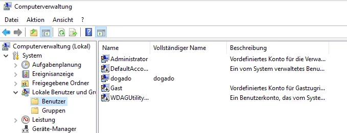 Computerverwaltung: links Lokale Benutzer und Gruppen; rechts Liste der Benutzerkonten.