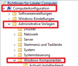 Gruppenrichtlinien-Editor: Baum mit markierten Knoten Computerkonfiguration, Administrative Vorlagen und Windows-Komponenten.