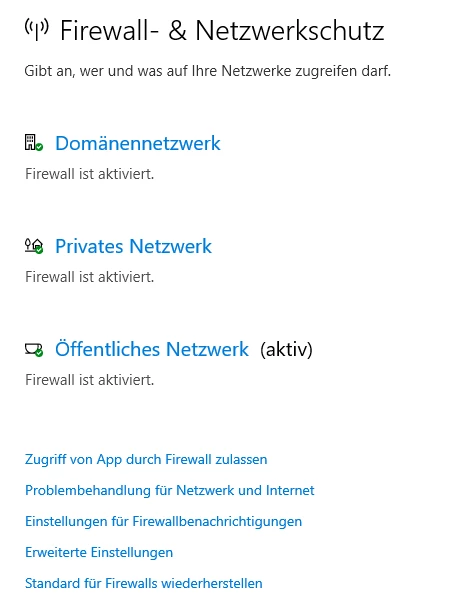 Firewall- & Netzwerkschutz: Domänennetzwerk, Privates Netzwerk, Öffentliches Netzwerk (aktiv); Firewall aktiviert.