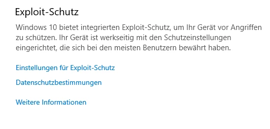 Windows-Dialog Exploit-Schutz mit erläuterndem Text und drei blauen Links.