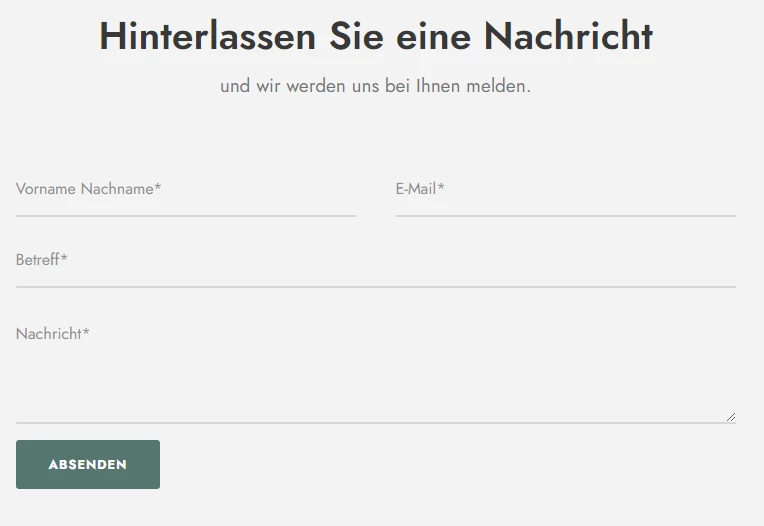 Kontaktformular mit Feldern Vorname, Nachname, E-Mail, Betreff, Nachricht und Absende-Button.