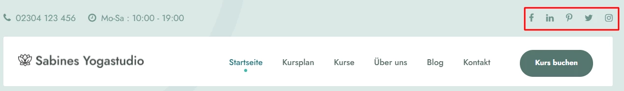Header mit Logo Sabines Yogastudio, Menü Startseite, Kursplan, Kurse, Über uns, Blog, Kontakt; grüner Button Kurs buchen.