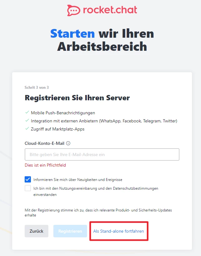 Rocket.chat-Logo, Überschrift 'Starten wir Ihren Arbeitsbereich', Registrierungsformular mit E‑Mail-Feld, Checkboxen und drei Buttons.