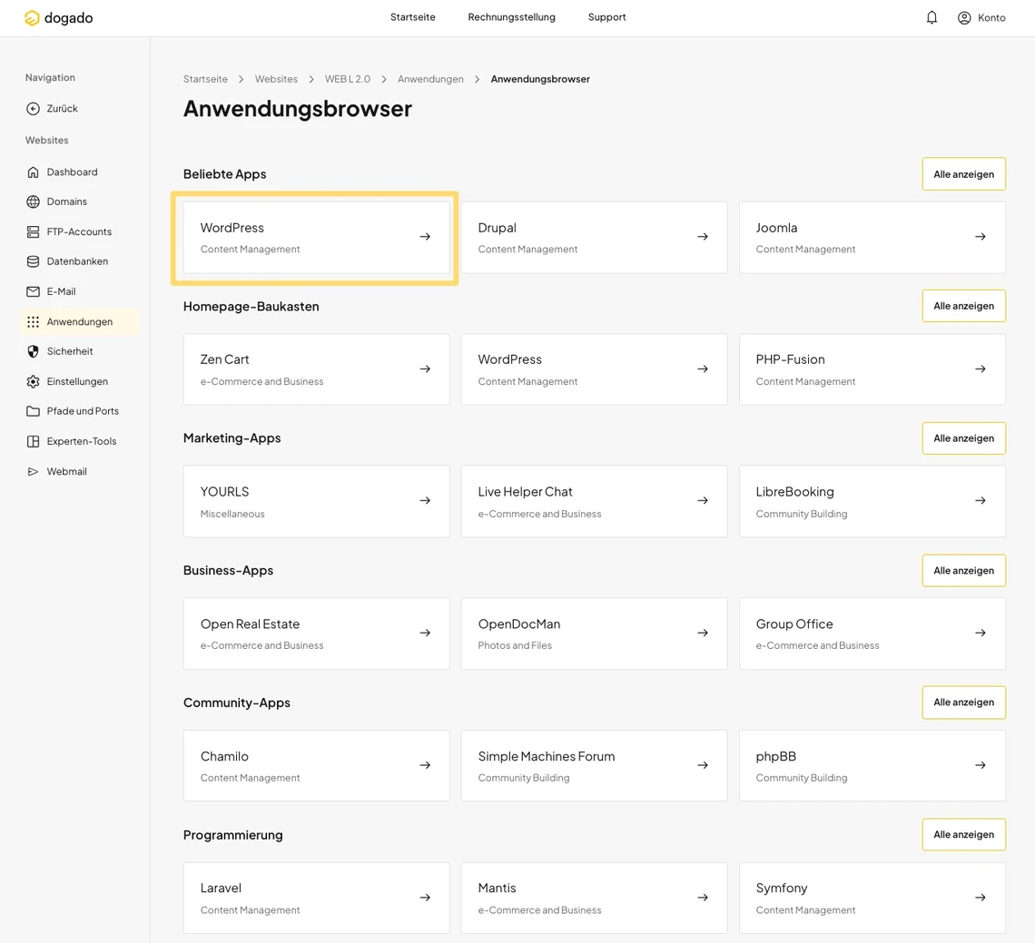 Anwendungsbrowser: linke Navigation, Kacheln mit Apps wie WordPress, Drupal, Joomla; WordPress hervorgehoben.