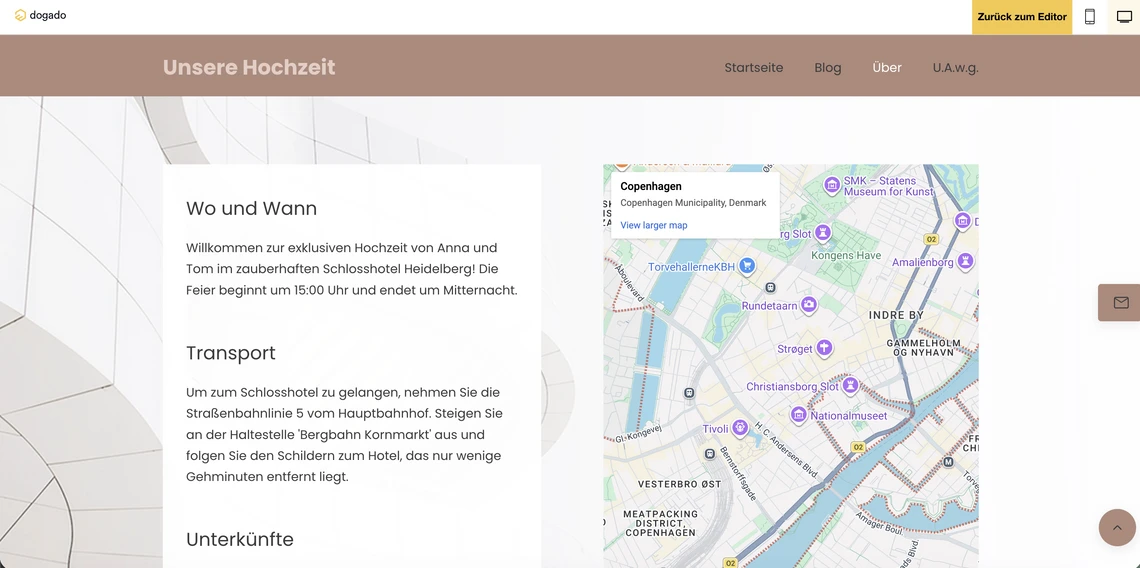 Webseite mit braunem Kopfbanner 'Unsere Hochzeit'; links weiße Box mit Infos wie 'Wo und Wann', 'Transport', 'Unterkünfte'; rechts Karte.