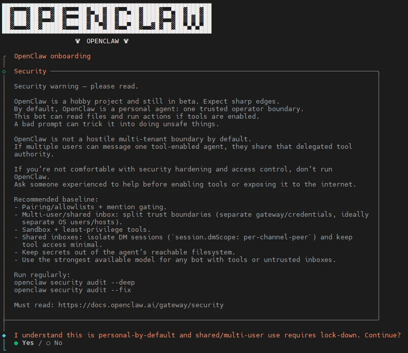 Schwarzer Bildschirm mit weißem OPENCLAW-ASCII-Logo oben und darunter ein Terminalfenster mit orangefarbenen Überschriften.