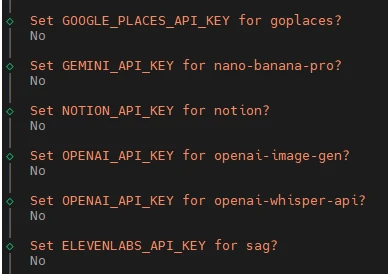 Dunkles Terminalfenster mit sechs Zeilen; jede Zeile zeigt 'Set <KEY> for <service>? No' gefolgt von 'No'.