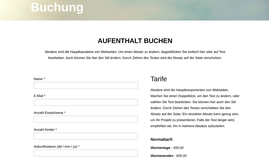 Webseite mit Formular AUFENTHALT BUCHEN: Felder Name, E-Mail, Anzahl Erwachsene, Anzahl Kinder, Ankunftsdatum; rechts Tarife.