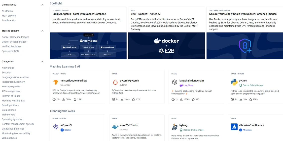 Übersichtsseite mit drei blauen Bannern oben und darunter Karten mit Logos wie TensorFlow, PyTorch, LangChain, Python.