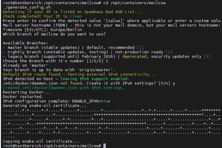 Terminalfenster mit Bash-Prompt, Befehlsausgaben und Statusmeldungen; ASCII-Art und Generating snake oil certificate.