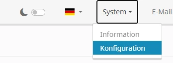 Benutzeroberfläche mit geöffnetem System-Menü: Information und blau markierte Konfiguration; links Mond-Symbol, Toggle, Flagge.