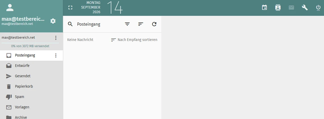 Screenshot eines E-Mail-Programms: linke Ordnerliste (Posteingang, Entwürfe, Gesendet, Papierkorb) und leerer Bereich.