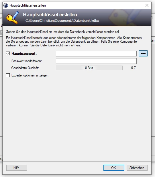 Fenster 'Hauptschlüssel erstellen' mit Feldern für Hauptpasswort, Wiederholung; Checkbox 'Expertenoptionen anzeigen' und Buttons: Hilfe, OK, Abbrechen.