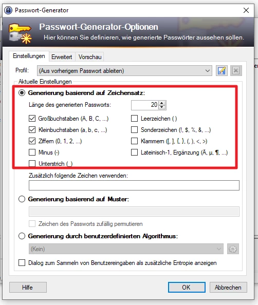 Dialog Passwort-Generator-Optionen; Zeichensatz-Auswahl mit Checkboxen für Großbuchstaben, Kleinbuchstaben, Ziffern, Sonderzeichen