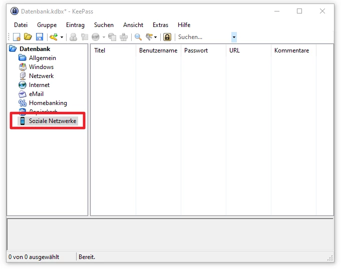 KeePass-Fenster; linke Baumstruktur mit Ordner 'Soziale Netzwerke' ausgewählt; Kopfzeilen: Titel, Benutzername, Passwort, URL, Kommentare.