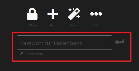 Dunkle Oberfläche mit hervorgehobenem Passwortfeld 'Passwort für Datenbank' und kleinem Text 'Schlüsseldatei' darunter.