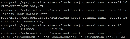 Terminalfenster mit Befehlen 'openssl rand -base64 16' und 'openssl rand -hex 16'; Ausgaben zeigen zufällige Zeichenketten.