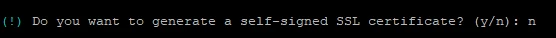 Terminalfenster mit dunklem Hintergrund; zyanfarbener Text: (!) Do you want to generate a self-signed SSL certificate? (y/n):