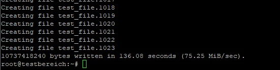 Schwarzes Terminalfenster mit weißem Monospace-Text; Zeilen 'Creating file test_file.1019' bis 'test_file.1023' und Prompt 'root@testbereich:~#'