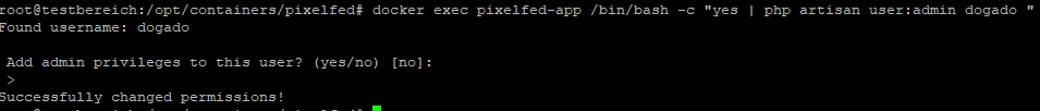 Terminalfenster mit docker exec pixelfed-app, /bin/bash -c 'yes | php artisan' Successfully changed permissions.