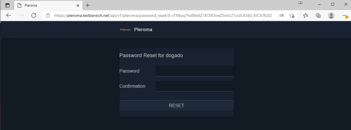 Dunkle Webseite mit Formular: Überschrift 'Password Reset for dogado', Felder 'Password' und 'Confirmation', Button 'RESET'.