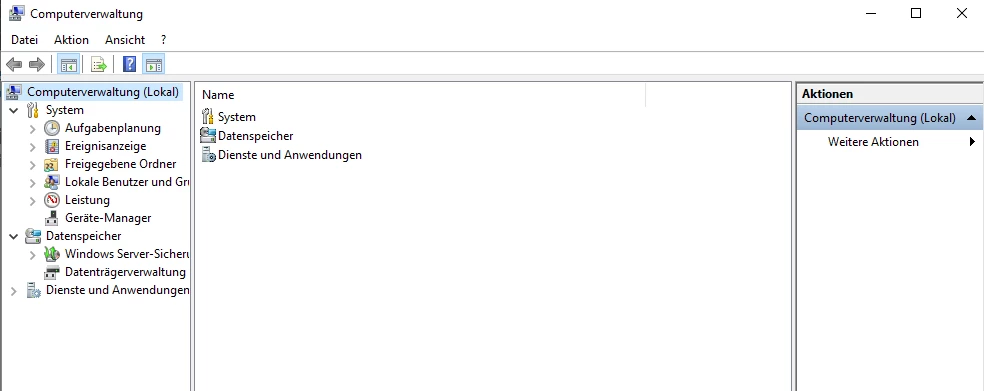 Fenster Windows-Computerverwaltung; linke Baumansicht mit System, Aufgabenplanung; rechte Liste mit System, Datenspeicher.