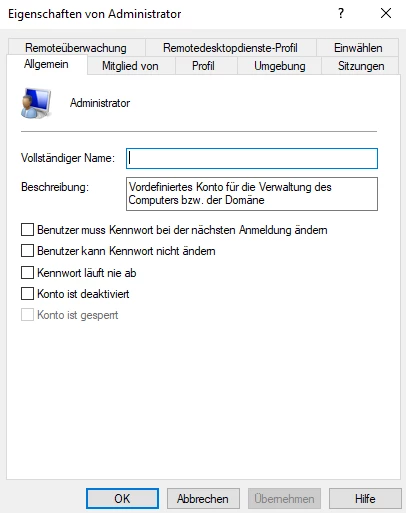 Fenster Eigenschaften von Administrator mit Icon; Vollständiger Name leer, Beschreibung sichtbar, Checkboxen darunter.