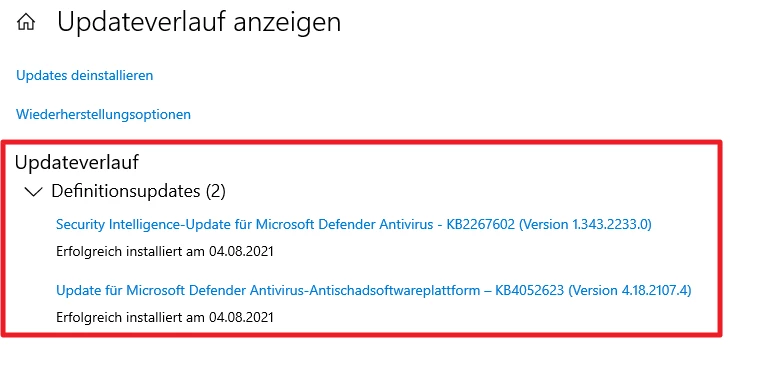 Updateverlauf: Definitionsupdates (2) mit zwei Updates (KB-Nummern) am 04.08.2021, roter Rahmen.