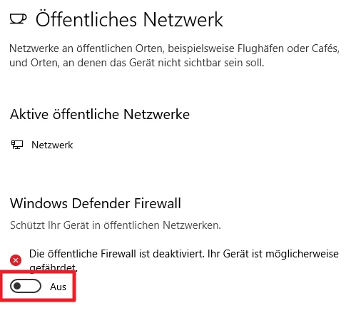 Windows-Einstellungen: Öffentliche Netzwerke; Windows Defender Firewall mit Schalter auf Aus.