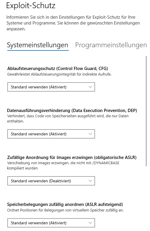 Screenshot der Exploit-Schutz-Seite: Tabs Systemeinstellungen/Programmeinstellungen, Abschnitte zu CFG, DEP und ASLR mit Dropdowns.