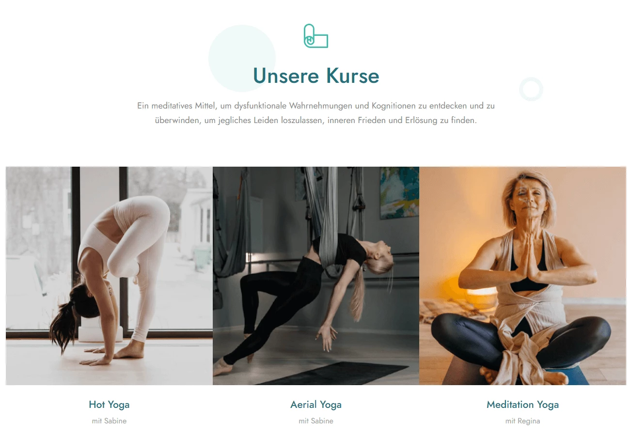 Drei Yogabilder: Hot Yoga, Aerial Yoga, Meditation Yoga; Personen in den jeweiligen Posen.