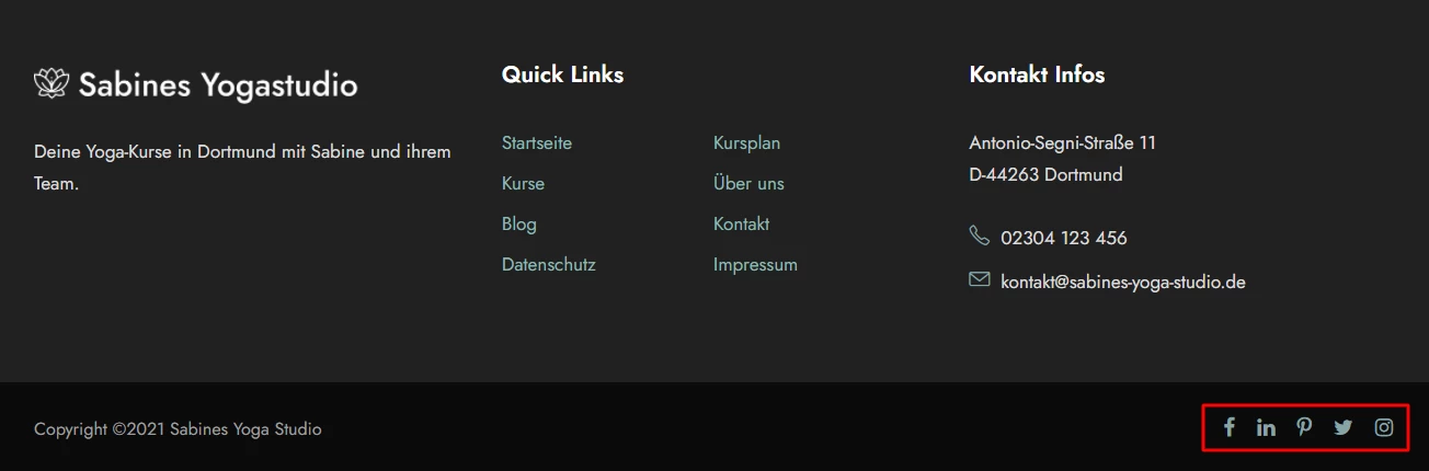 Footer: drei Spalten; links Sabines Yogastudio, Mitte Quick Links, rechts Kontaktinfos; Urheberrecht unten; Social-Icons.