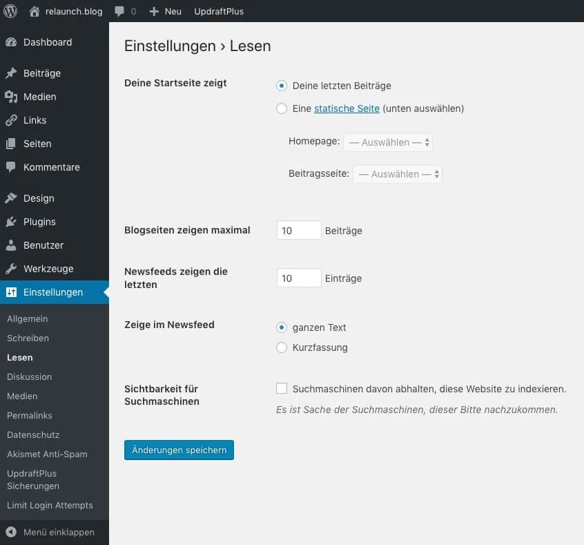 Leseeinstellungen in WordPress