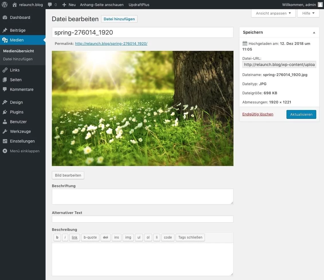 Bilddetails und Eingabe von weiteren Texten zum Bild